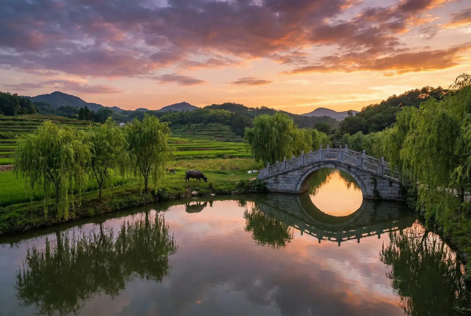 夕阳下的石拱桥与垂柳，水牛在河边吃草 - 花非花雾非雾2 乡村美景